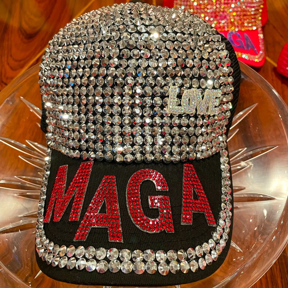 NWT Custom Made “Love MAGA” black hat w/ Silver Rhinestones & Red Bling letters